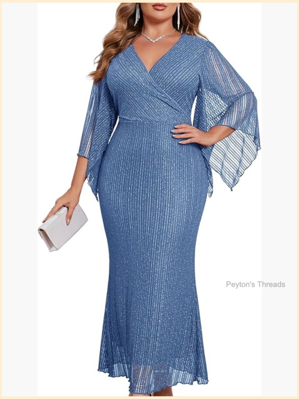 Plus Size Sparkly Lace Formal Dress V Neck Mermaid Maxi Evening Gown